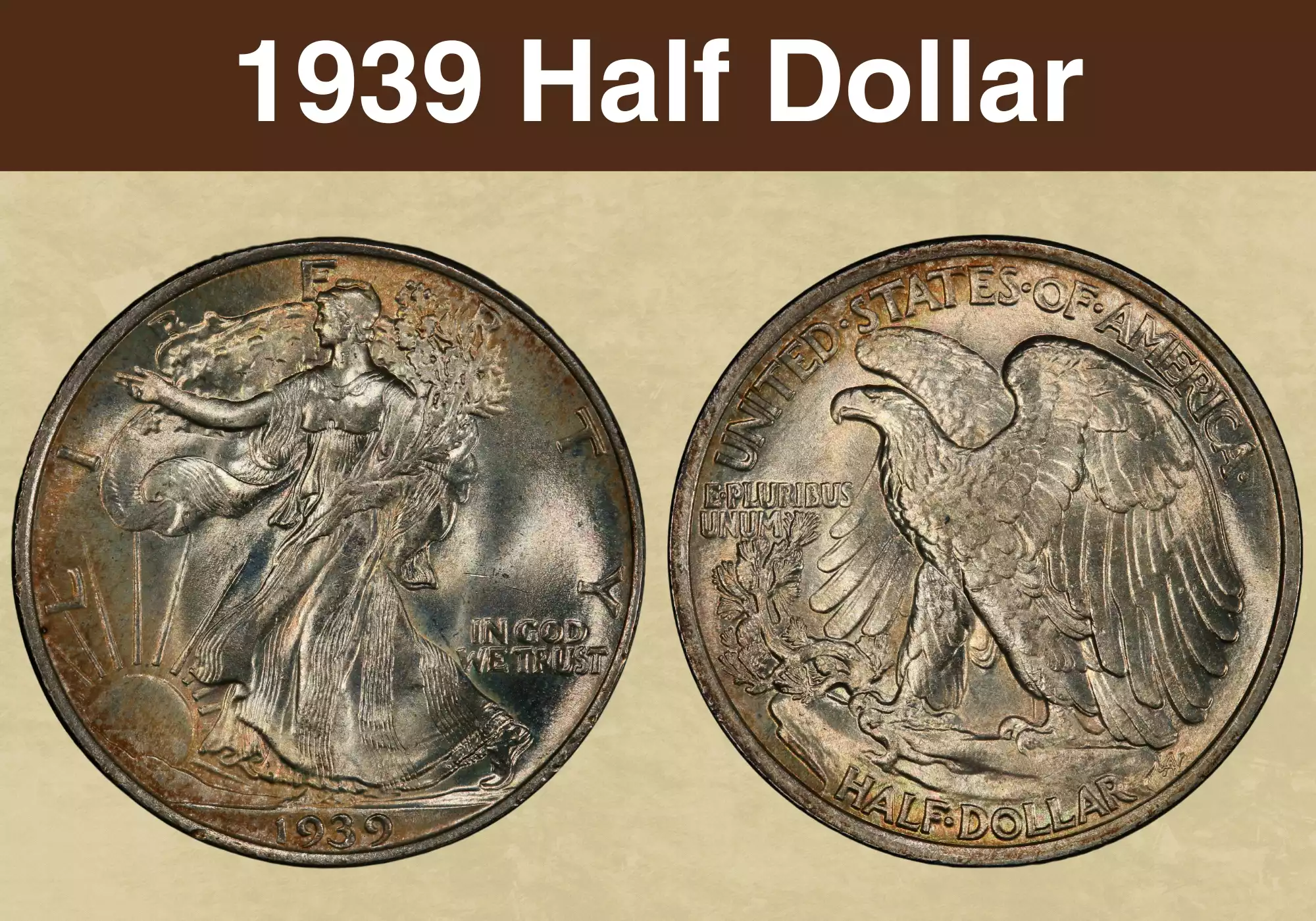 1939 Walking Liberty Half Dollar obverse showing Lady Liberty striding left, silver coin