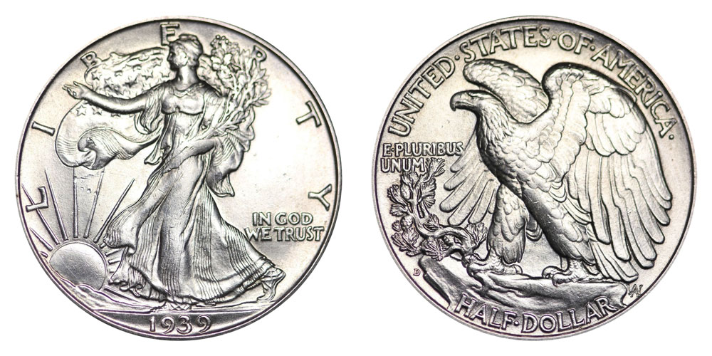 1939-D Walking Liberty Half Dollar DDO FS-101 comparison: normal coin obverse vs doubled die obverse showing doubling on IN GOD WE TRUST
