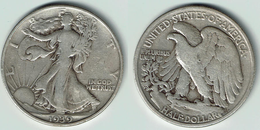 1939 Walking Liberty Half Dollar mintage data illustration showing all three mint varieties and proof
