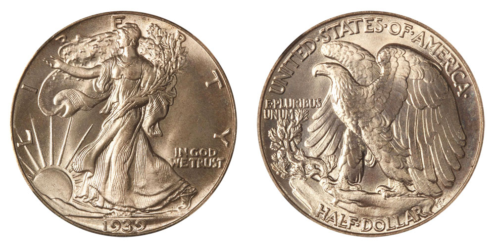 1939 Walking Liberty Half Dollar grading strip showing four condition tiers: Good, Fine, About Uncirculated, and Mint State